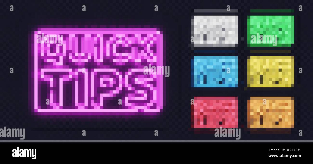 Glowing neon Quick Tips signs in multiple bright colors on a transparent background. A lively modern design perfect for ads, motivational graphics Stock Vector