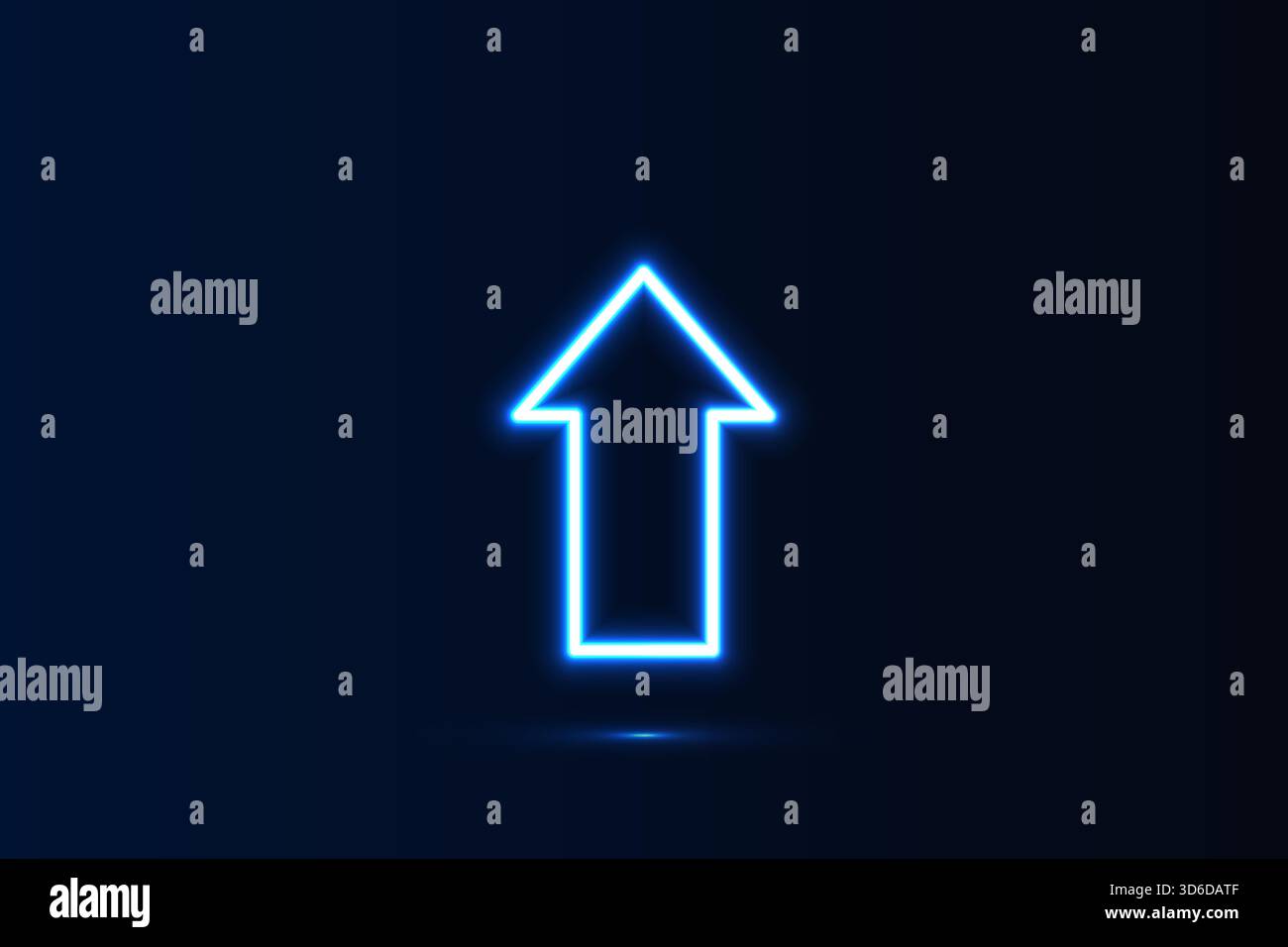 Bright blue neon arrow pointing upward on a dark background ...