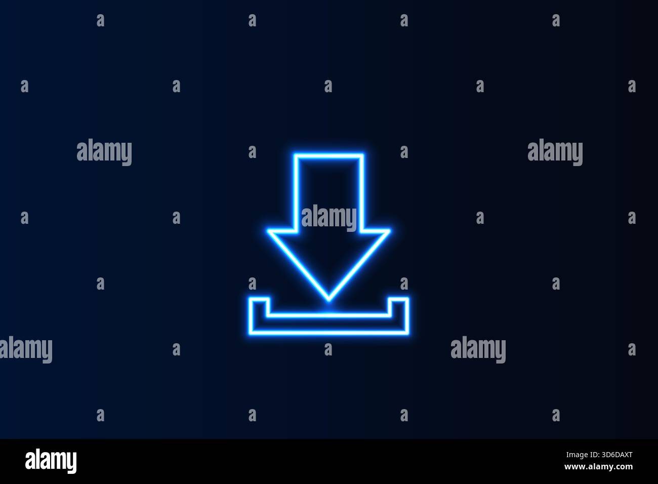 Bright blue neon download arrow symbol on a dark background, representing data transfer and digital access Stock Vector