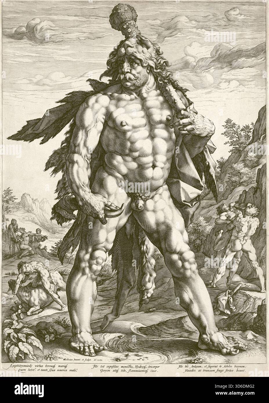 The Great Hercules (Knollenman), 1589 engraving by Hendrik Goltzius, depicting a muscular, bulbous Hercules in Mannerist mythological style Stock Photo