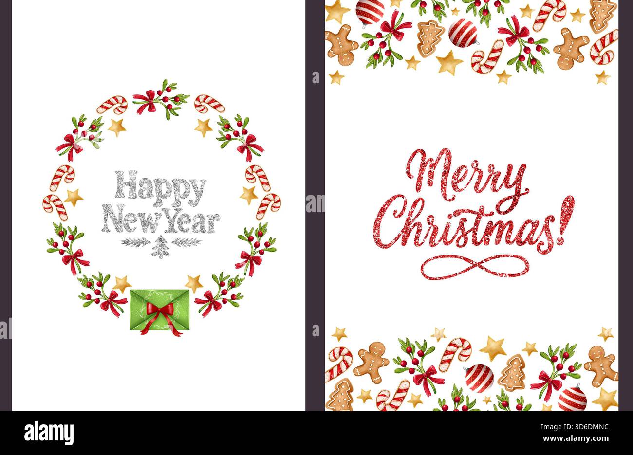 A set of cute Christmas and New Year holiday cards with beautiful ...
