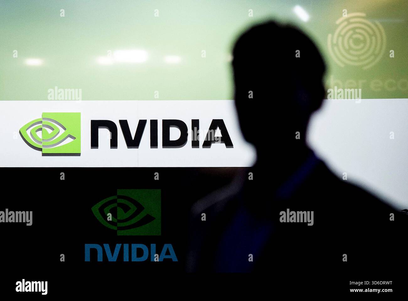 Signage for Nvidia is seen at the All In AI conference in Montreal on ...