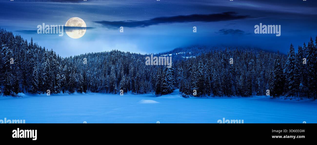 panorama of beautiful mountainous landscape in winter at night. spruce forest around the snow covered and frozen lake in full moon light. cold weather Stock Photo