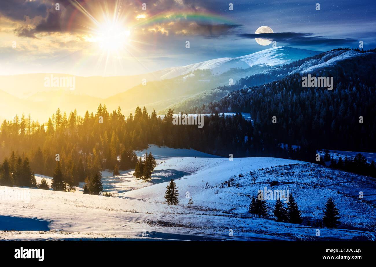 spruce forest on snowy hills. day and night time change concept. gorgeous winter landscape in mountains with sun and moon at twilight. nature duality Stock Photo