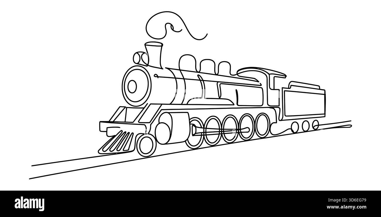 Simple Stream Train Drawing Black line art drawing of a classic steam train locomotive on tracks ...