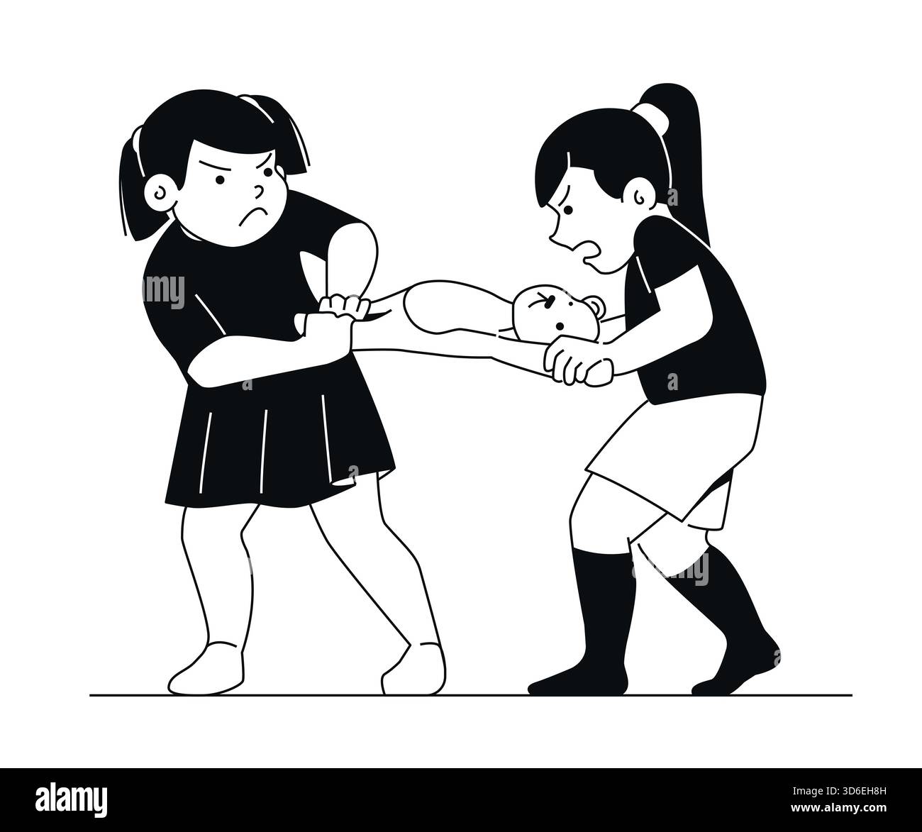 Girls Fighting for Toy - Black and White Flat Design Illustration Stock Vector