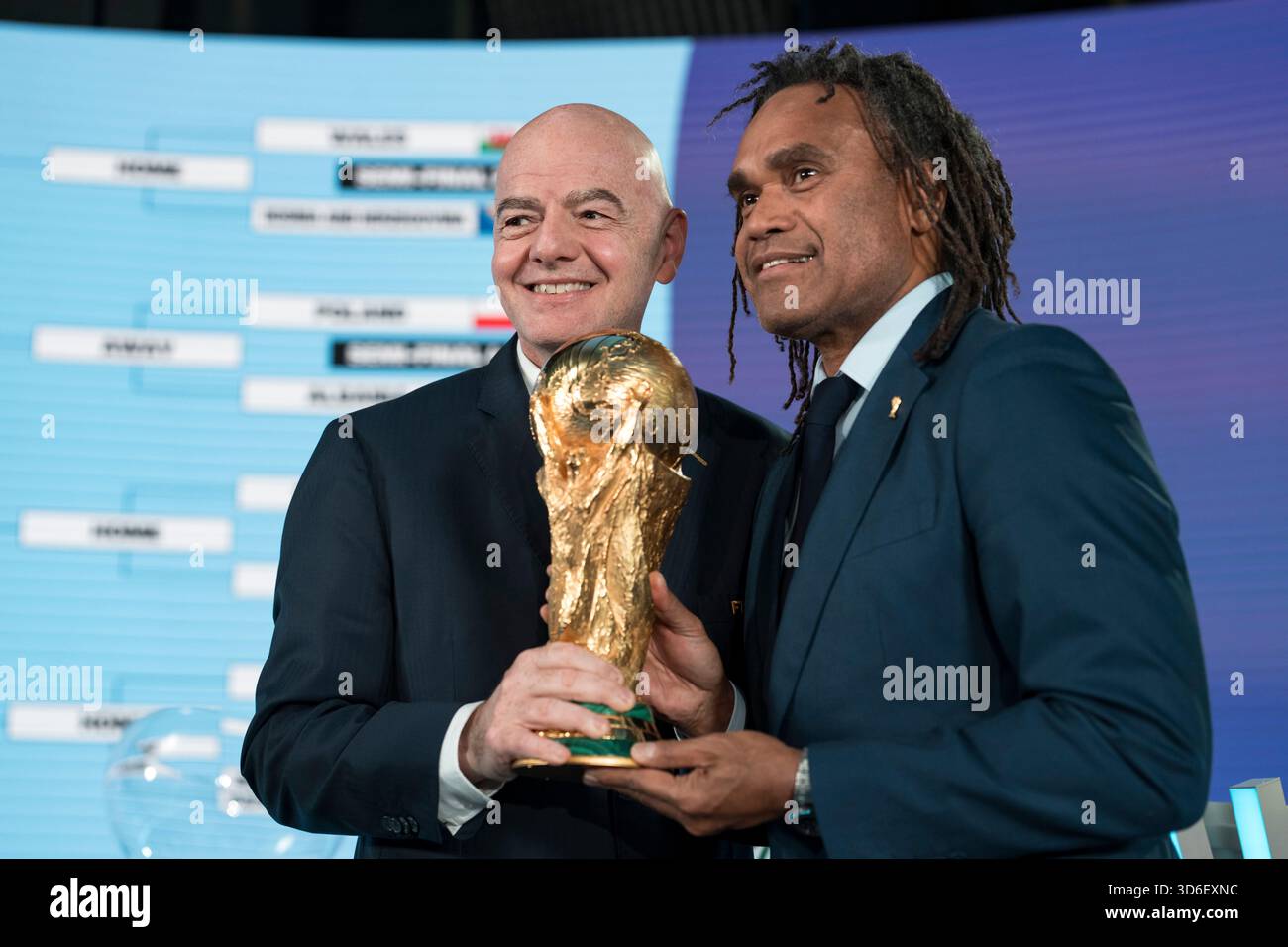 FIFA President Gianni Infantino, left, poses with Christian Karembeu