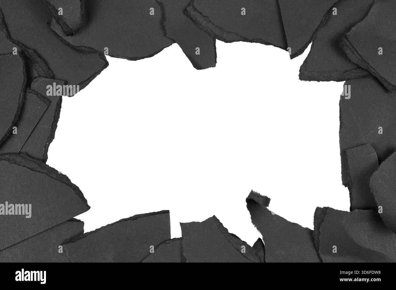 frame of black ripped or torn paper pieces texture isolated on white Stock Photo