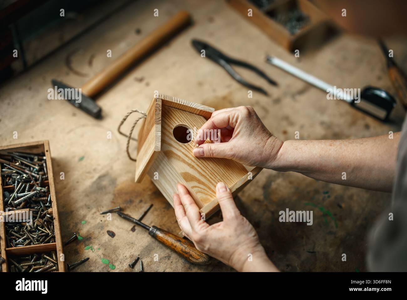 Woman crafting wooden birdhouse in workshop. Work tools on table Stock Photo