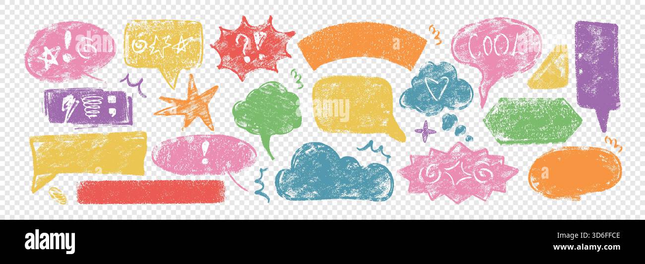 Hand drawn crayon speech bubbles, rough lines and talk frames. Chalk ...