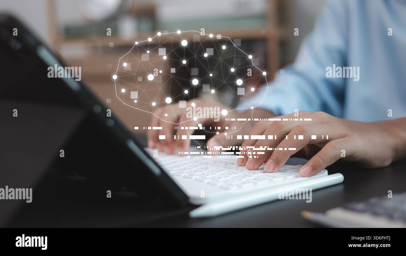 Hands typing on keyboard with AI neural network graphic overlay, showing digital coding, data processing and machine learning technology for modern in Stock Photo