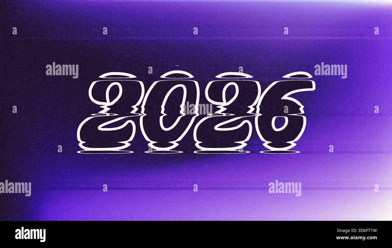 White numbers 2026 with a wavy distortion effect are centered on a ...