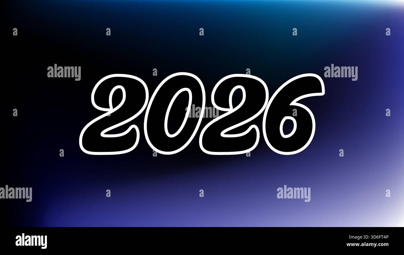 Bold white outlined numbers 2026 are centered on a dark blue gradient ...