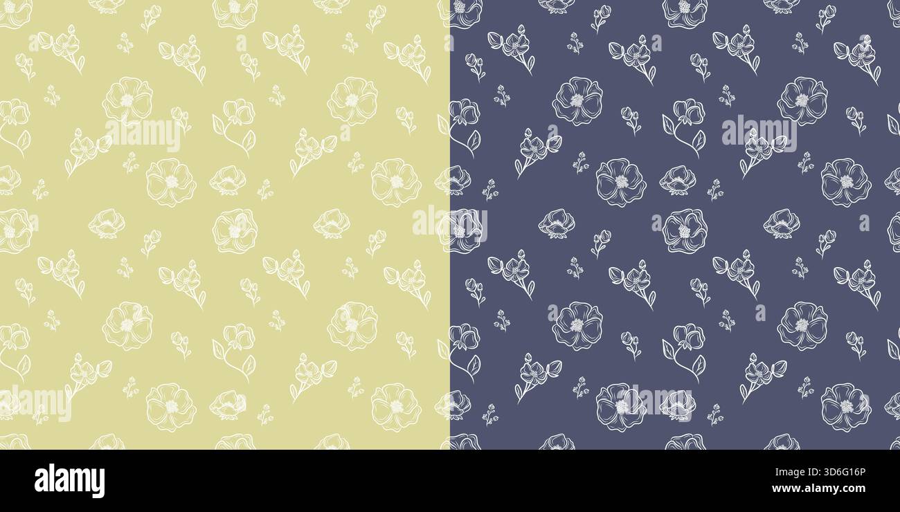 Two Floral Line Art Vector Seamless Patterns Stock Vector