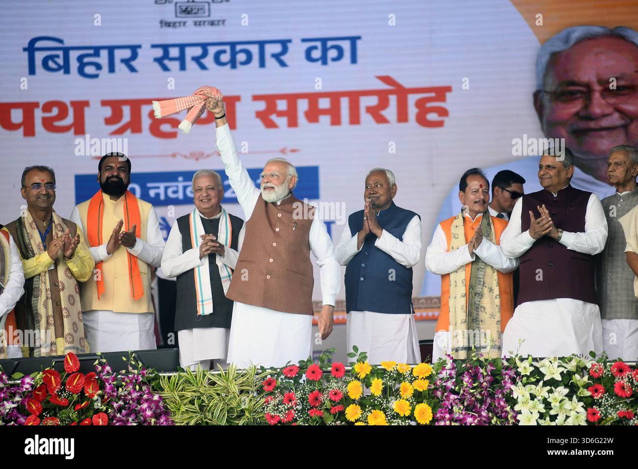 PATNA, INDIA - NOVEMBER 20: Prime Minister Narendra Modi waves Gamcha a ...