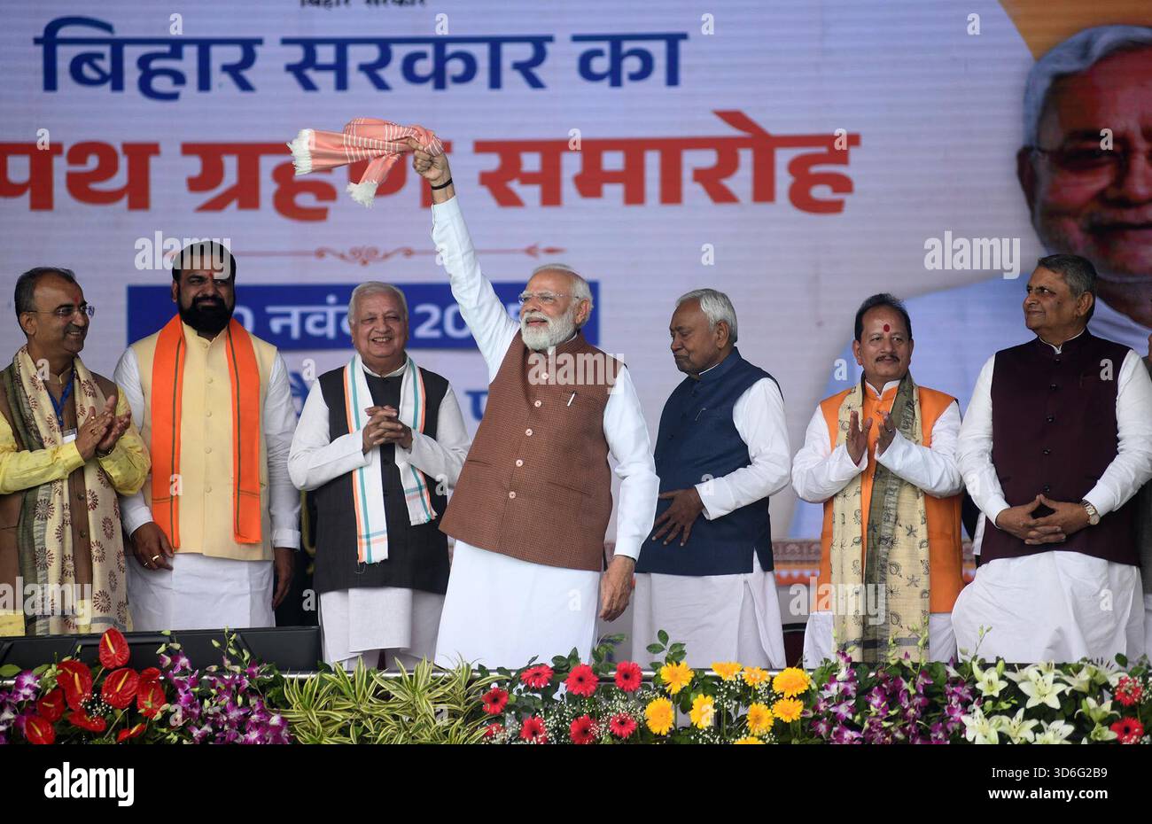 PATNA, INDIA - NOVEMBER 20: Prime Minister Narendra Modi waves Gamcha a ...
