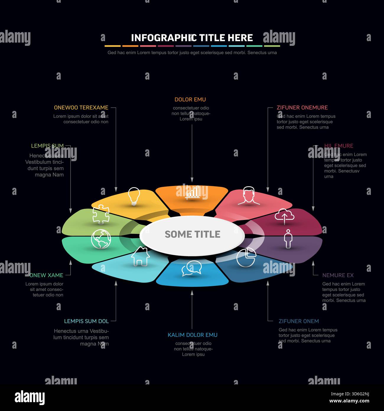 Modern dark infographic element with a central title and multiple hexagon-shaped options, each with an icon and text area. This infographic is perfect Stock Vector