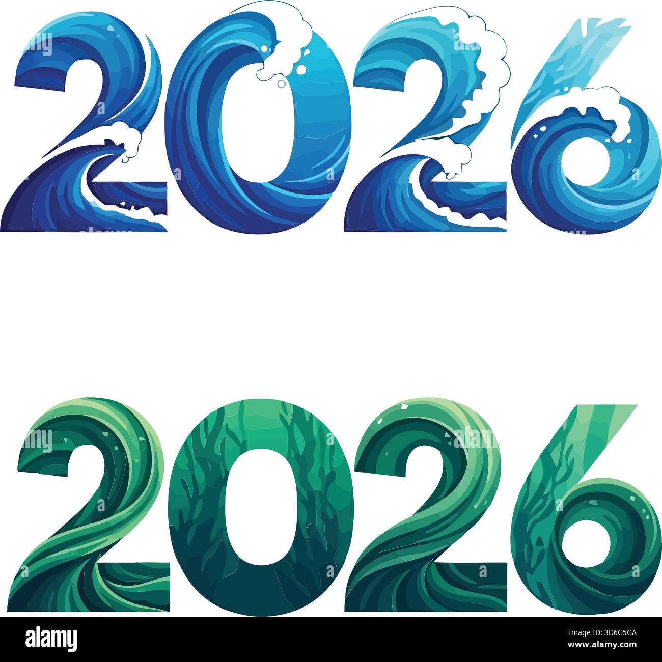 2026 ocean wave and seaweed typography blue and green Stock Vector ...