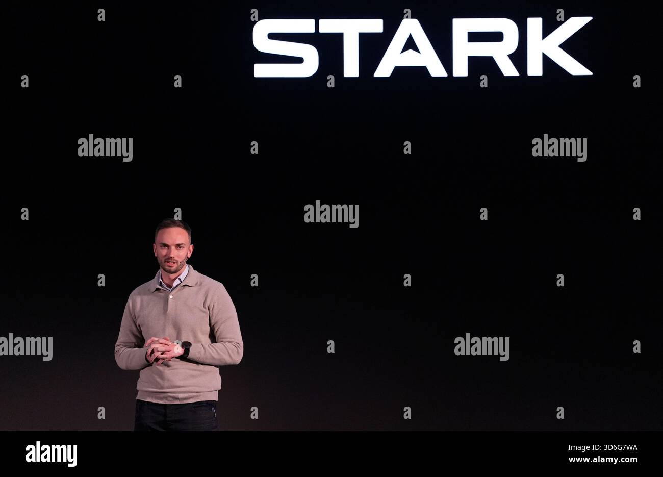 Uwe Horstmann, CEO of STARK speaking during an event at the STARK drone ...