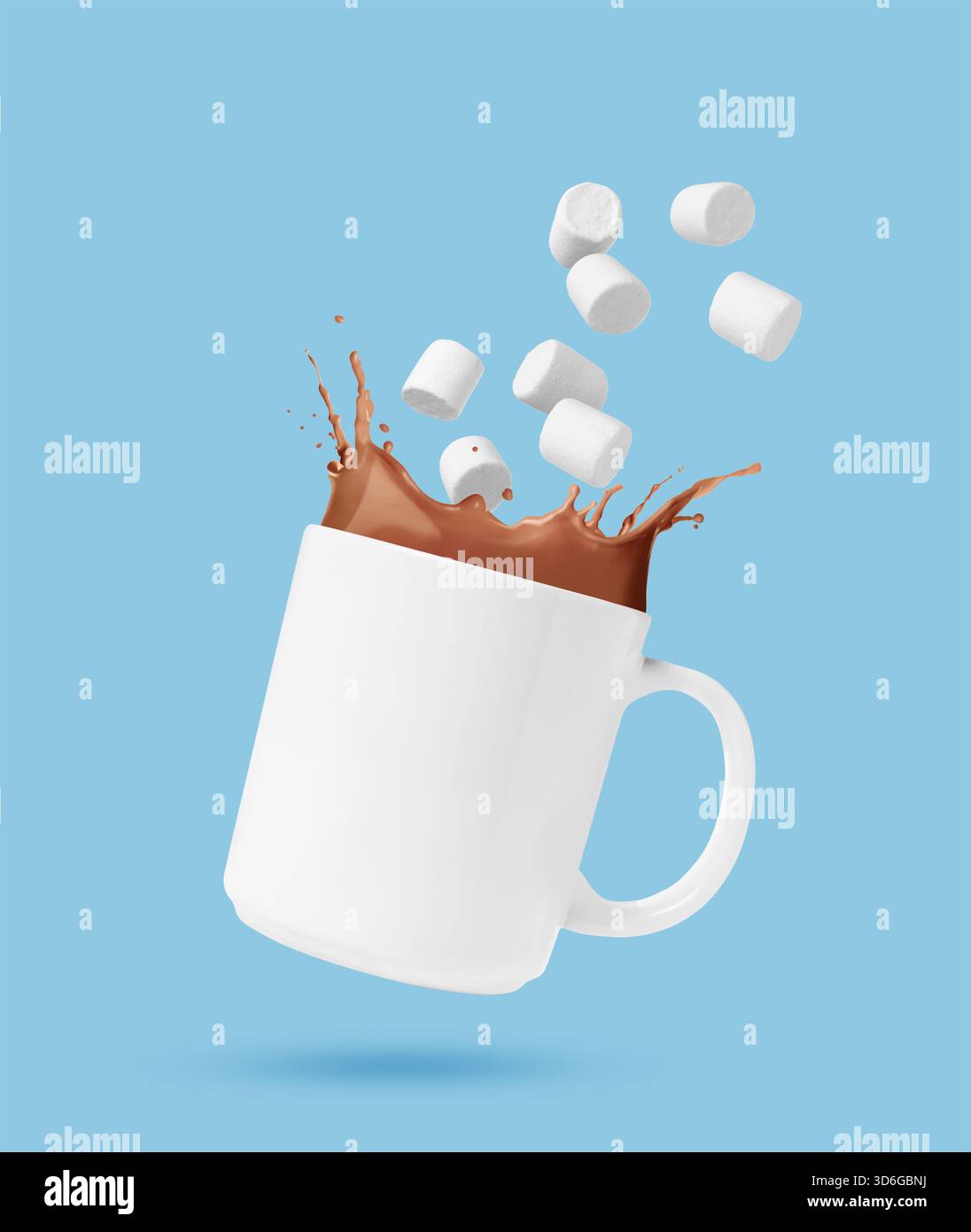 Fresh marshmallows falling into cup with hot cocoa on light blue background Stock Photo