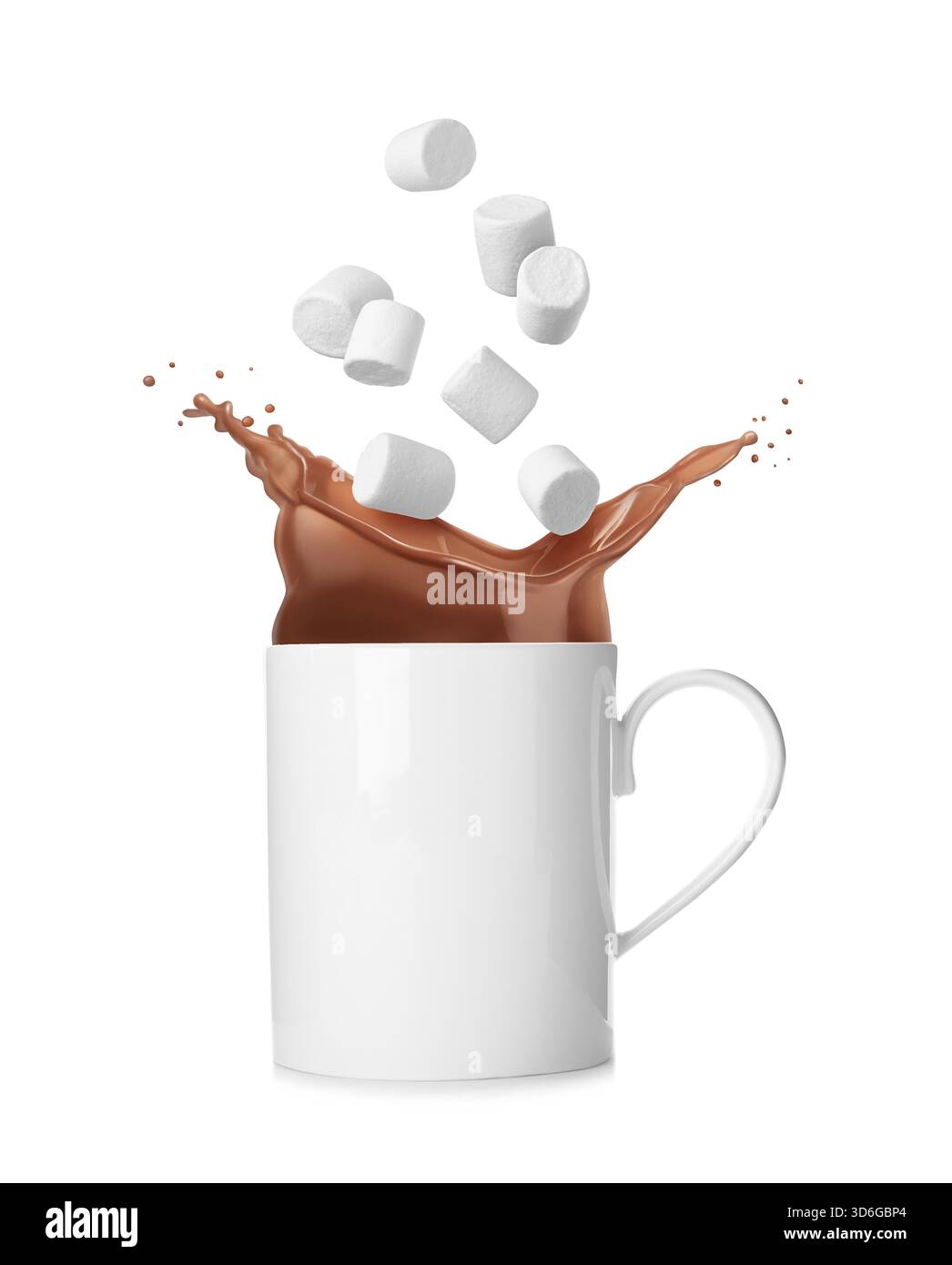 Fresh marshmallows falling into cup with hot cocoa on white background Stock Photo