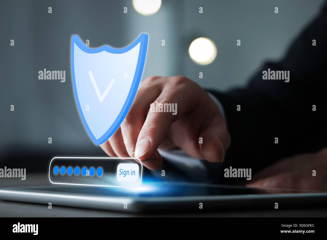 Cyber security and data protection concept. Man signing in by touching ...