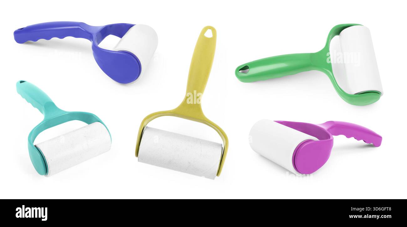 Lint rollers for cleaning clothes isolated on white, set Stock Photo