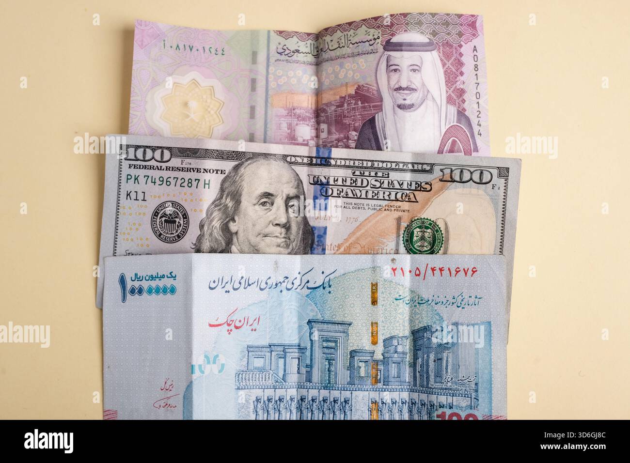 A collection of banknotes from different countries, including a Saudi ...
