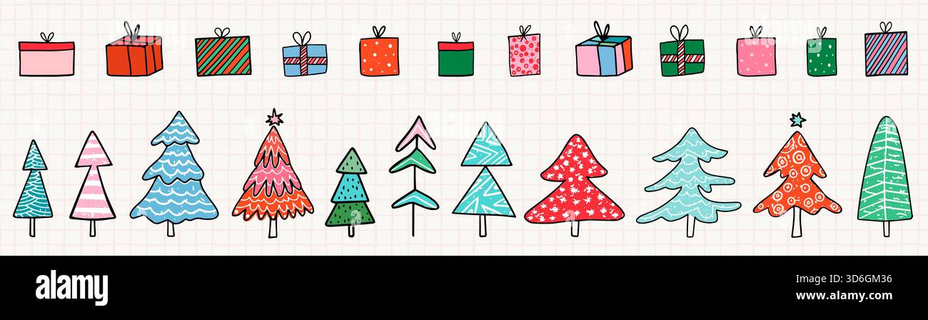 Hand drawn vector Christmas trees and gift boxes, doodle holiday present, graphic elements for package design Stock Vector