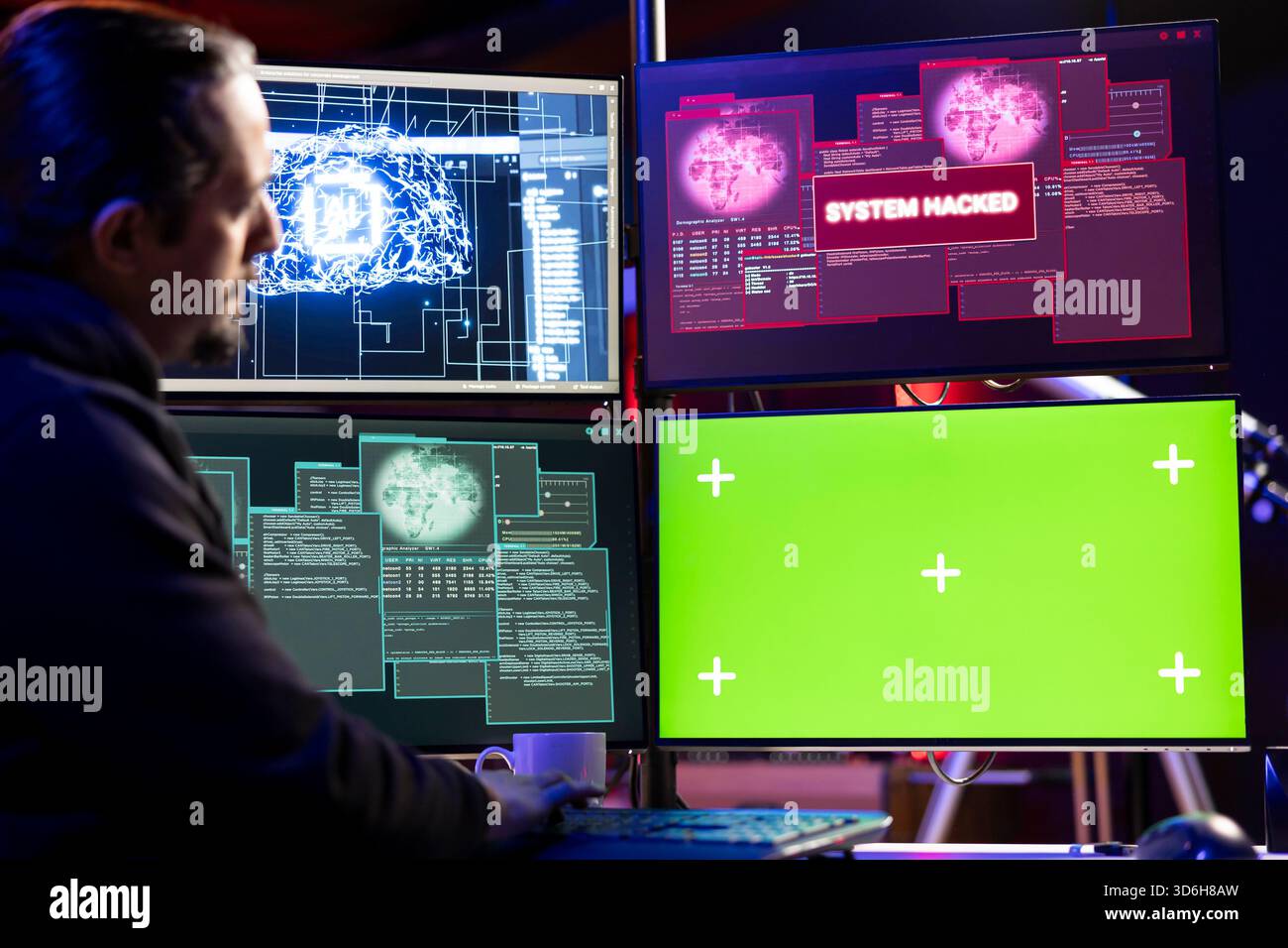 Hacker getting system hacked popup alert on green screen mockup computer after using malware software. Rogue engineer at home using chroma key PC to hide online activity after stealing data Stock Photo