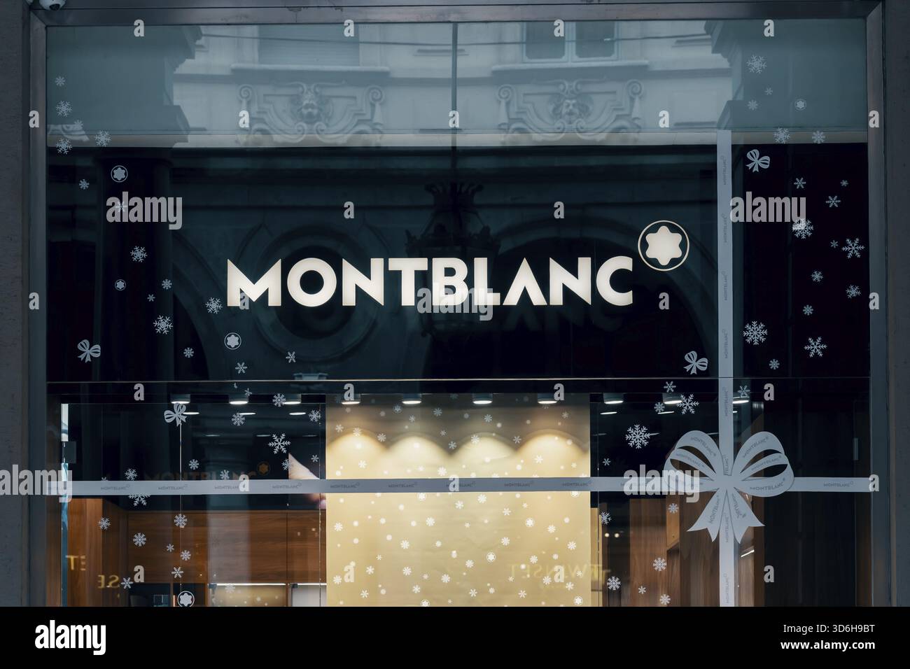 Montblanc logo and showcase of the store. Montblanc produces wide