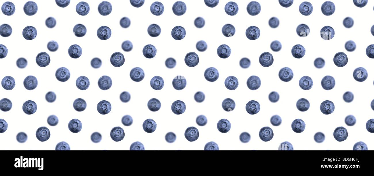 Falling blueberries isolated on white. Seamless berry blackberry pattern. Flying berries. Creative fresh fruit summer layout. Trendy food concept. Agr Stock Photo
