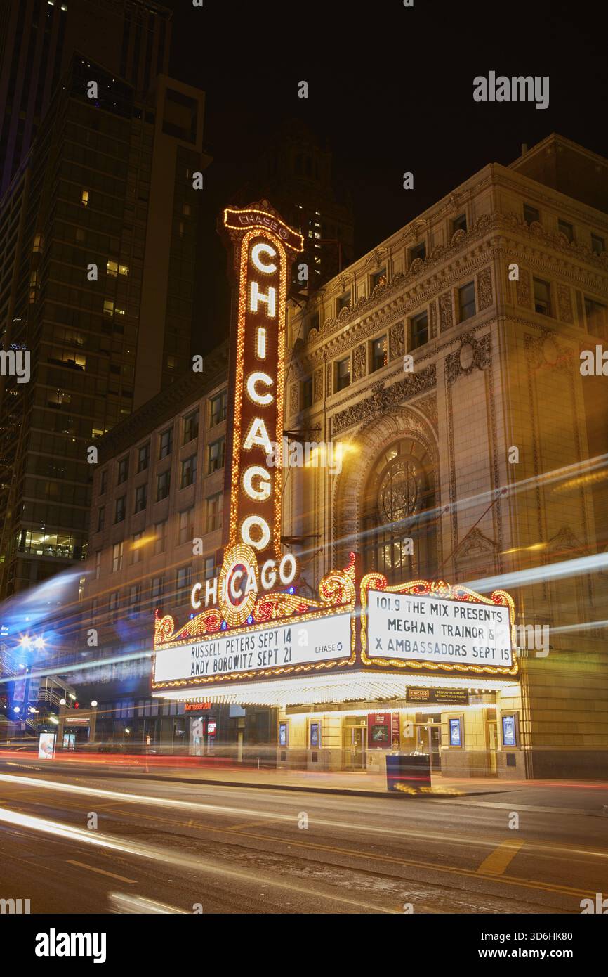 The iconic Chicago theater sign by night, Chicago, Illinois, United ...