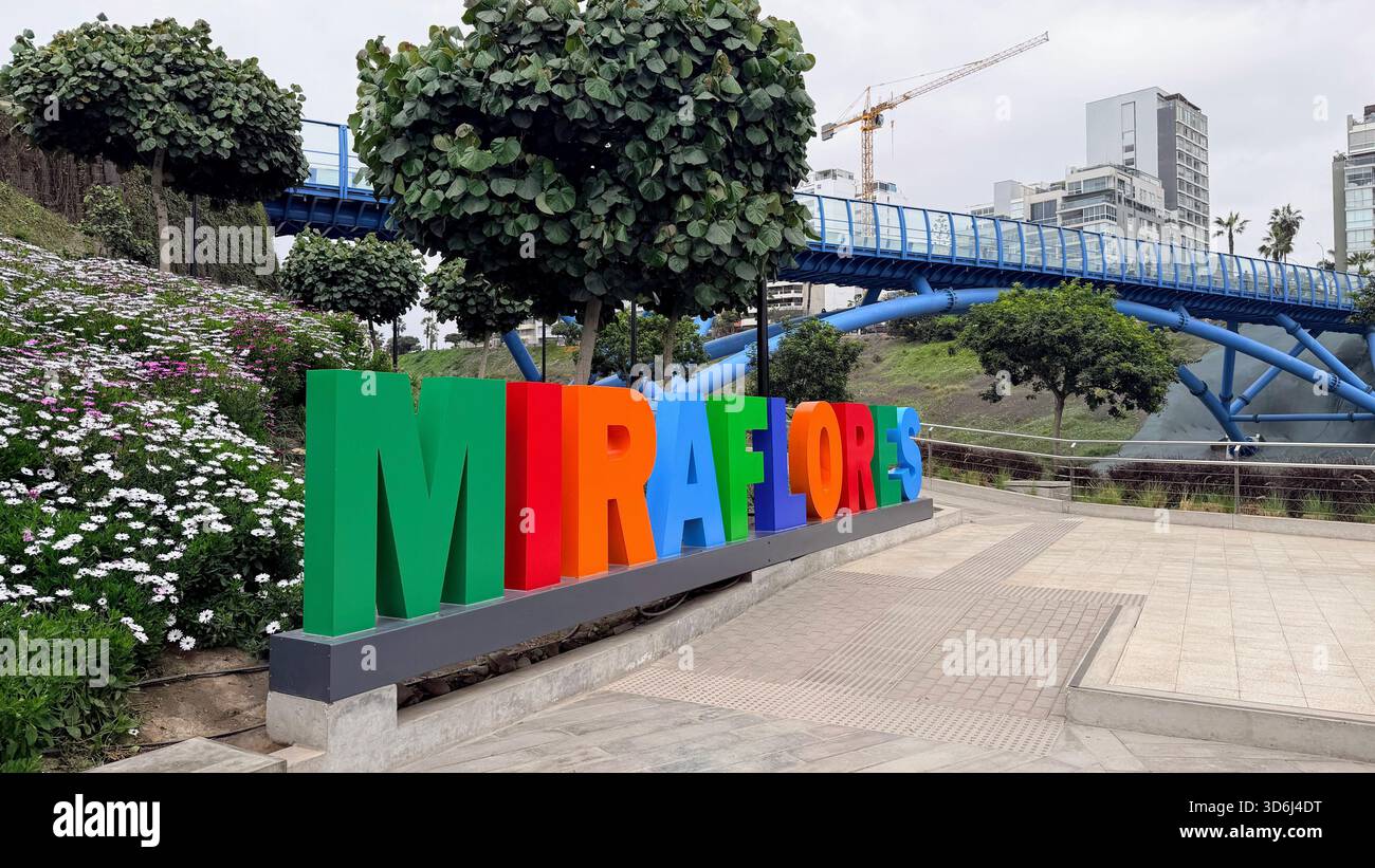 Lima Peru October 17, 2025 Views of the colorful Miraflores sign in the ...