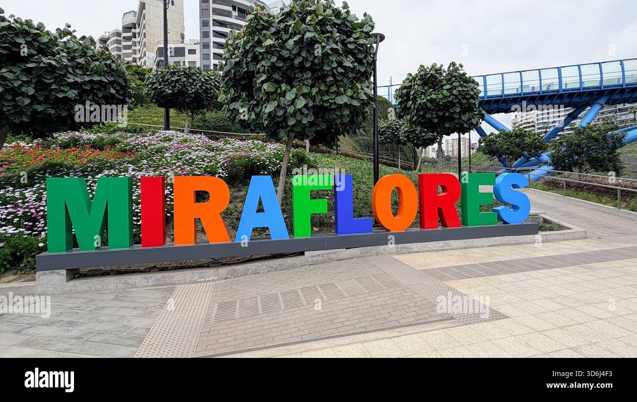 Lima Peru October 17, 2025 Views of the colorful Miraflores sign in the ...
