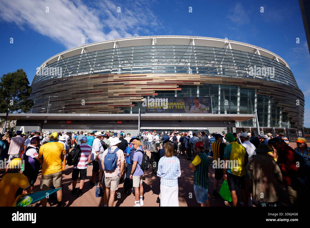 Crowd builds outside of Perth Stadium during day one of the First Ashes ...