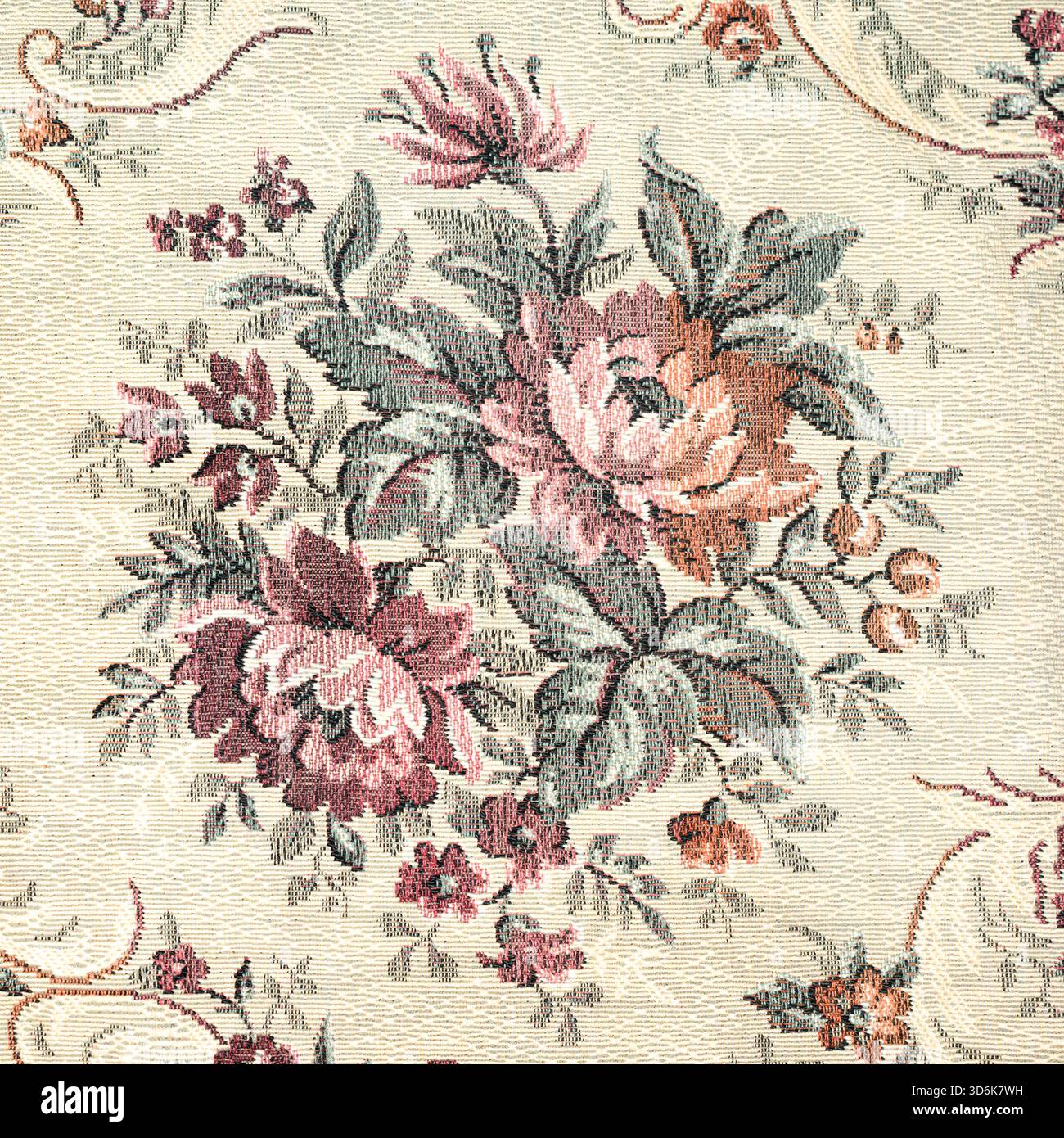 Seamless old-fashioned floral pattern on a tapestry fabric texture biege background old retro fashion Stock Photo
