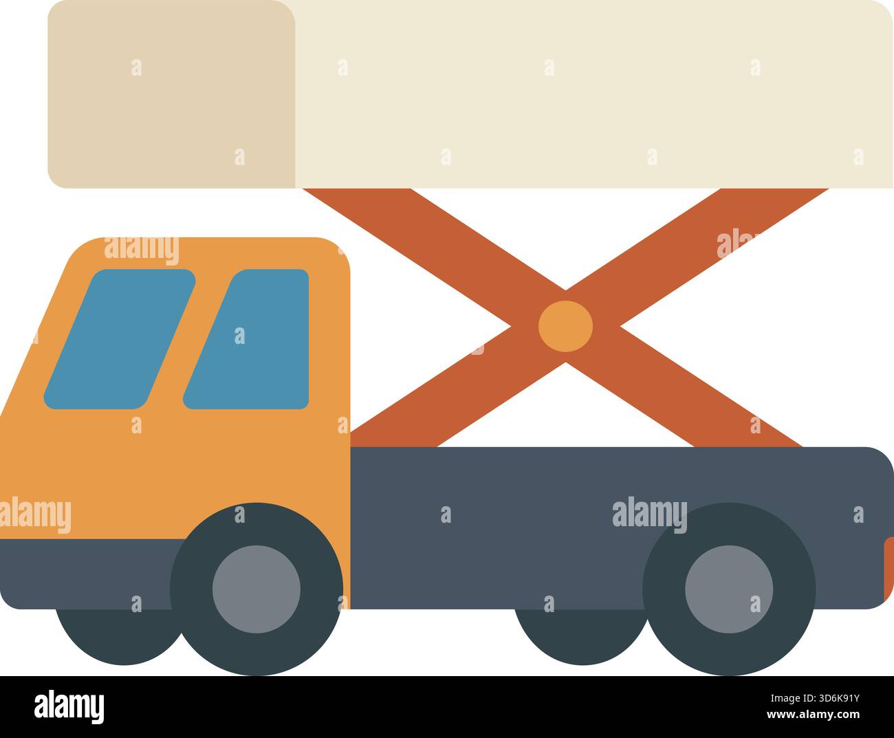 Work truck with a mounted scissor lift platform in raised position, simplified side illustration. Stock Vector