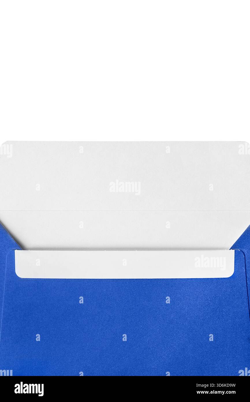 Empty blank blue paper opened envelope closeup isolated over white Stock Photo