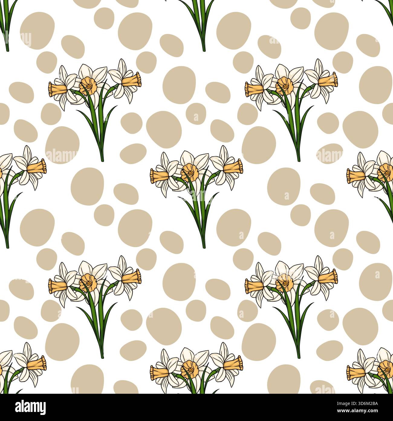 Seamless vector pattern featuring hand-drawn daffodils and abstract beige organic shapes on a white background. Stock Vector