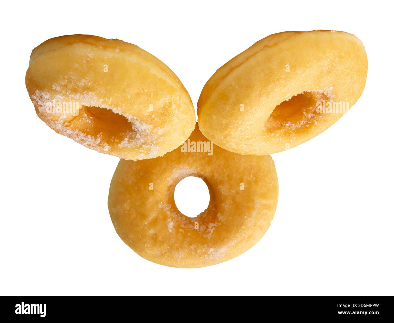 Side view of three brown sugar glazed cinnamon donuts in stack is isolated on white background with clipping path. Stock Photo
