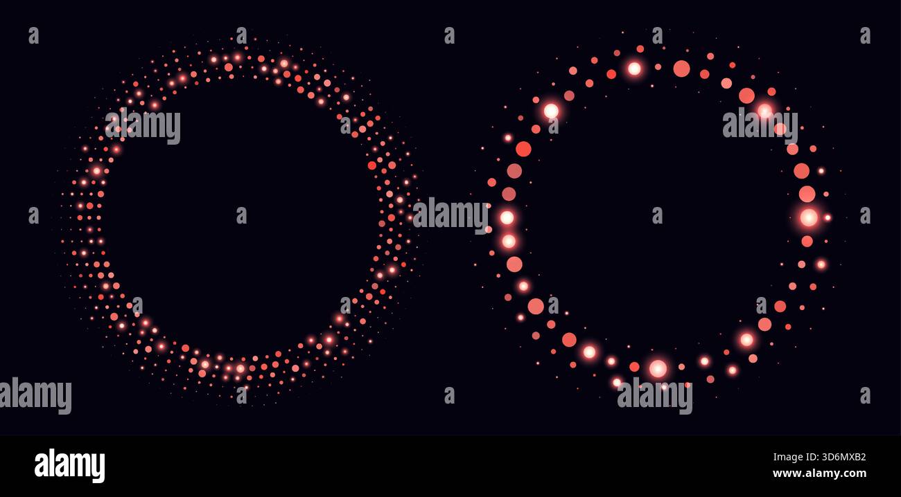 Red halftone frames, glowing circle borders, round pattern with dots, radial disco luxury design element. Stock Vector
