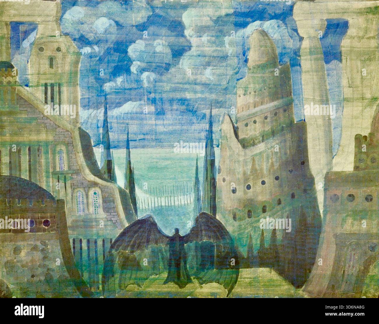 Mikalojus Konstantinas Čiurlionis - Fantasy - The Demon - 1909 - The artwork depicts a dreamlike, surreal landscape of ancient or ruined cities with towering structures under a bright blue sky with scattered clouds. In the center foreground, a large, dark, winged figure (the demon) stands, its back to the viewer, overlooking the expansive architectural fantasy. The style blends architectural elements with a mystical and symbolic atmosphere Stock Photo