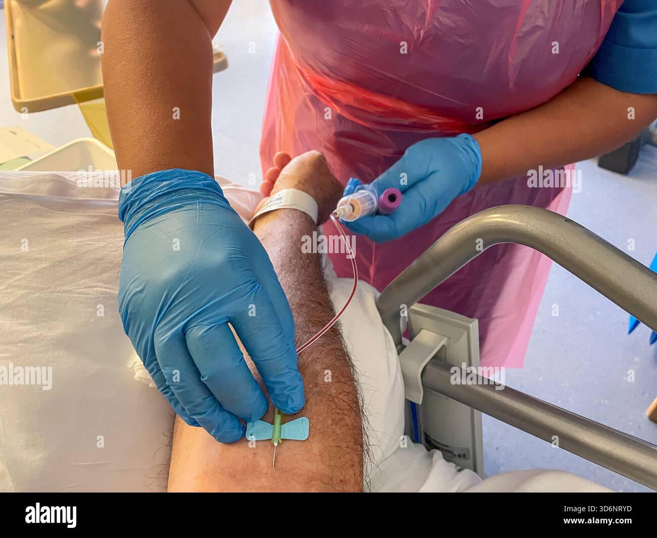 Healthcare professional inserting a cannula into an adult male patient’s arm to draw a blood sample in a clinical setting: Phillip Roberts - Smartphone Captured Stock Image
