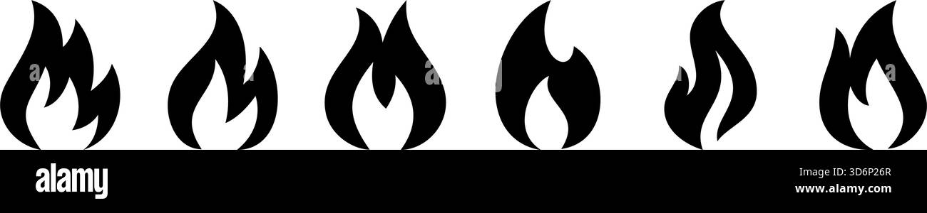 Set of 6 black flame icons isolated on white background. Vector fire ...