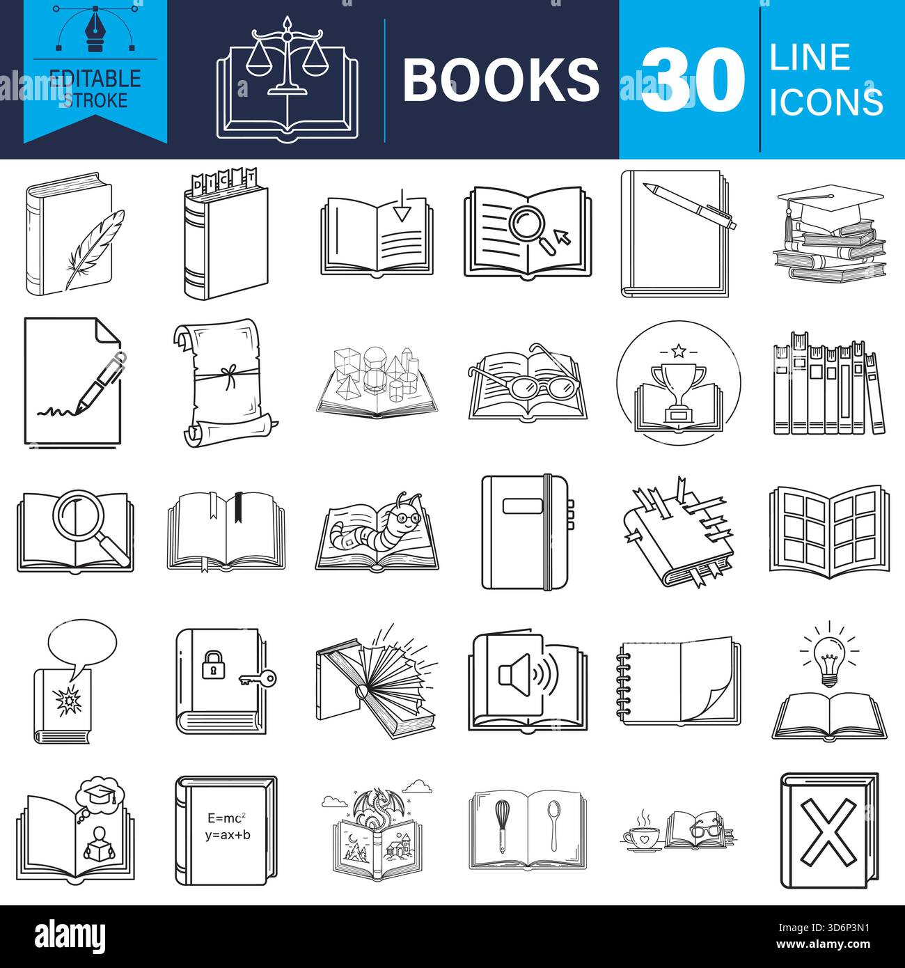 Line icons set for books, education, reading, and knowledge concept Vector Stock Vector