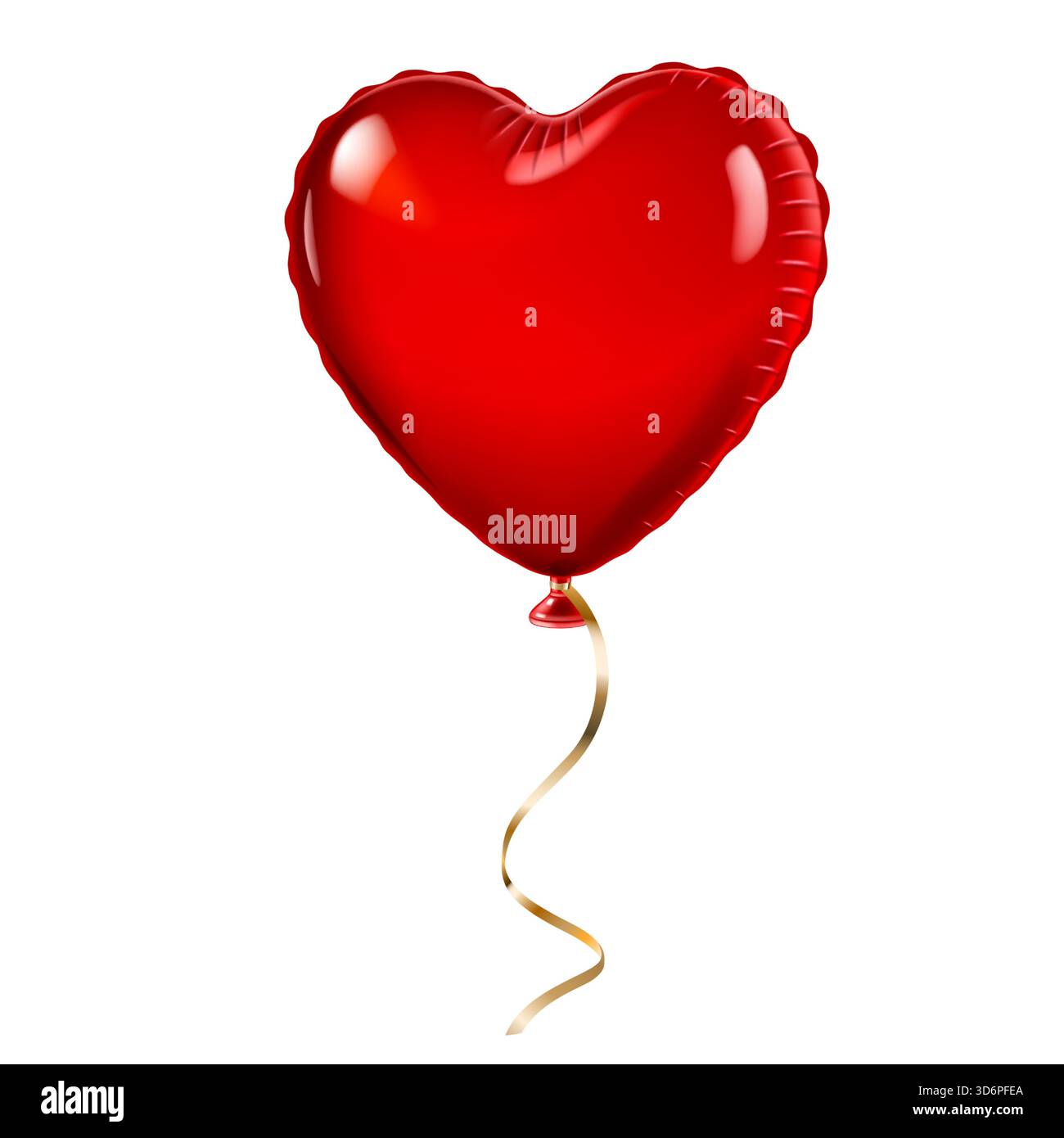 Red heart-shaped balloon with shiny surface and gold ribbon against white background. Stock Vector