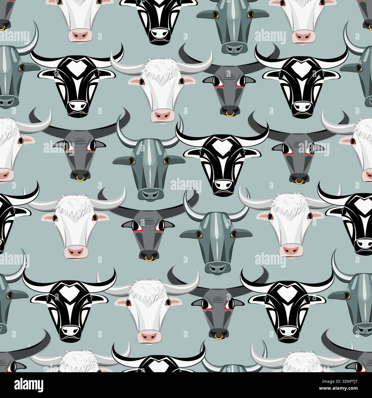 Seamless pattern with bull faces on a gray background Stock Vector