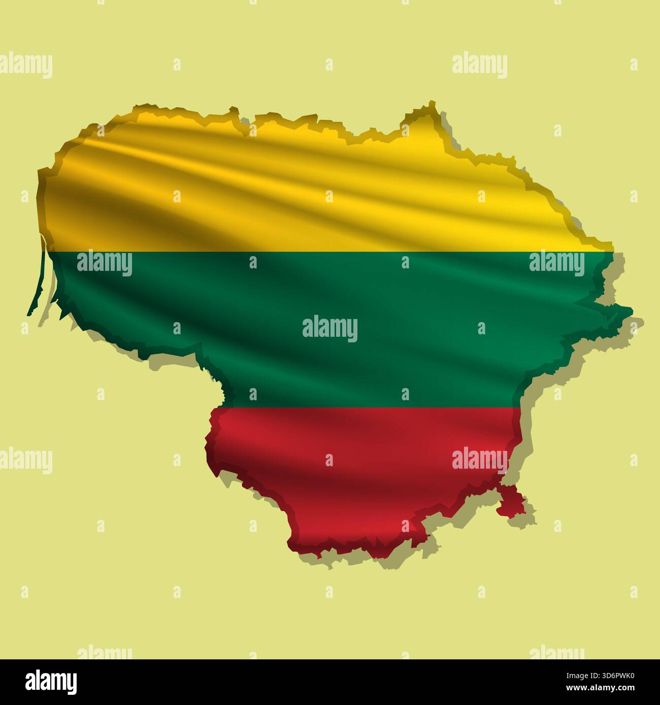 Waving vector abstract flag of Lithuania in map shape with shadow Stock Vector