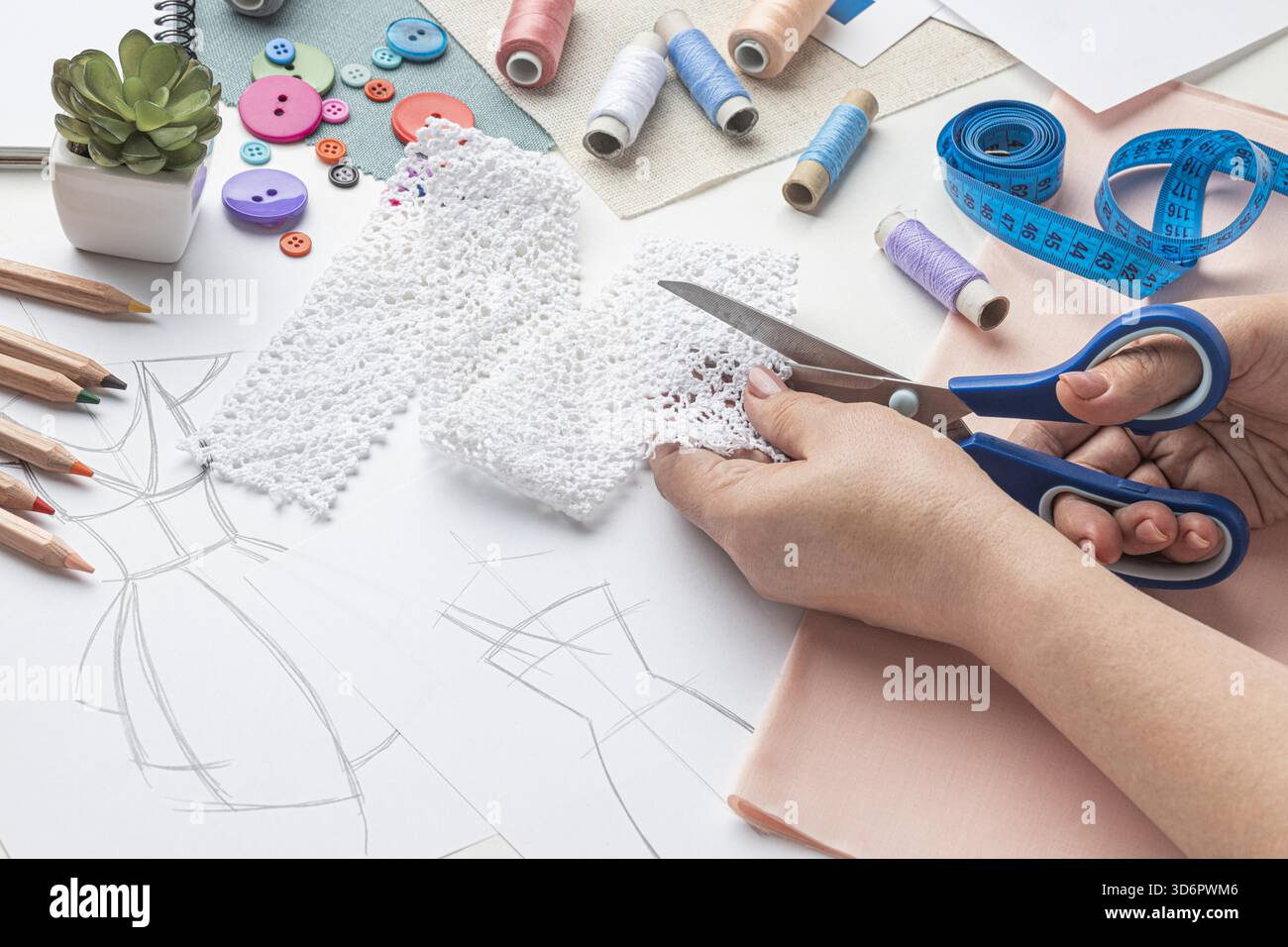 High angle sewing set fabric thread Stock Photo